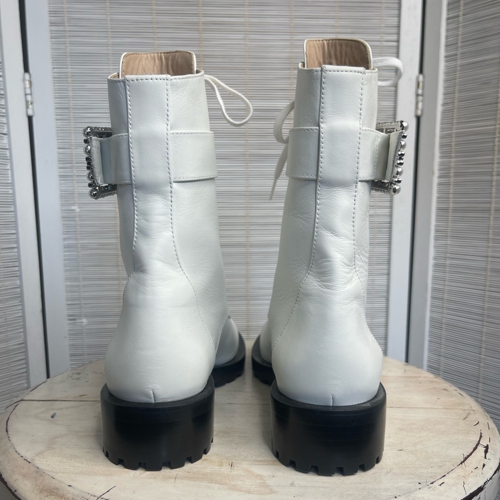 Stuart Weitzman Pearl Buckle Boots White Leather Lace Up Lug Sole Size 6 NWT - Picture 6 of 11